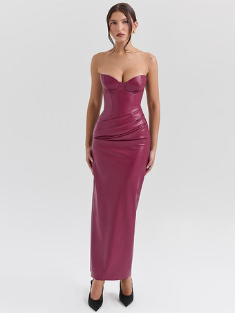 ワインレッド フェイクレザーコルセットドレス（女性用） - ワインレッドのゴシック調レースアップバックギャザーロングドレス - 2026年夏のクラブナイト衣装