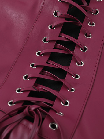 フェイクレザーコルセットドレス（女性用） - ワインレッドのゴシック調レースアップバックギャザーロングドレス - 2026年夏のクラブナイト衣装