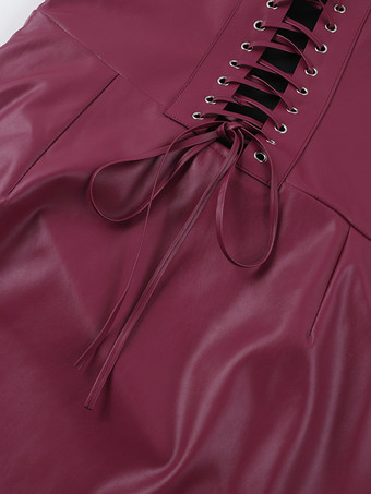 フェイクレザーコルセットドレス（女性用） - ワインレッドのゴシック調レースアップバックギャザーロングドレス - 2026年夏のクラブナイト衣装