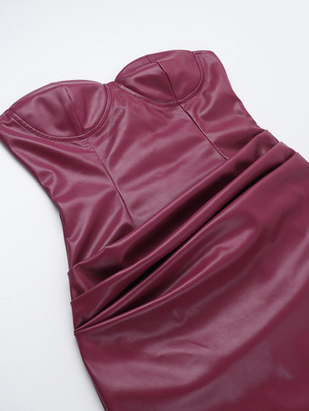 フェイクレザーコルセットドレス（女性用） - ワインレッドのゴシック調レースアップバックギャザーロングドレス - 2026年夏のクラブナイト衣装