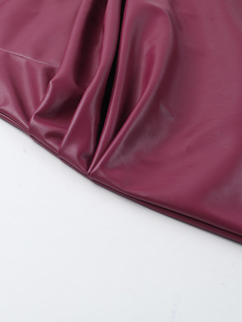 フェイクレザーコルセットドレス（女性用） - ワインレッドのゴシック調レースアップバックギャザーロングドレス - 2026年夏のクラブナイト衣装