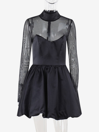 メッシュスリーブミニドレス（レディース） - ブラック エレガント モックネック パフスリーブ スケータードレス - 春のイブニングカクテルドレス 2026