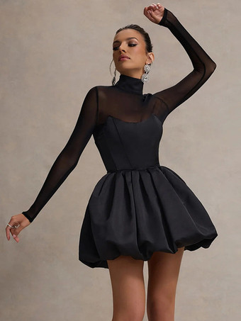 メッシュスリーブミニドレス（レディース） - ブラック エレガント モックネック パフスリーブ スケータードレス - 春のイブニングカクテルドレス 2026
