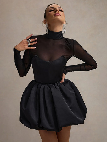 ブラック メッシュスリーブミニドレス（レディース） - ブラック エレガント モックネック パフスリーブ スケータードレス - 春のイブニングカクテルドレス 2026
