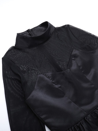 メッシュスリーブミニドレス（レディース） - ブラック エレガント モックネック パフスリーブ スケータードレス - 春のイブニングカクテルドレス 2026