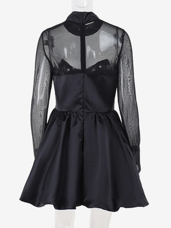 メッシュスリーブミニドレス（レディース） - ブラック エレガント モックネック パフスリーブ スケータードレス - 春のイブニングカクテルドレス 2026