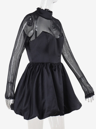 メッシュスリーブミニドレス（レディース） - ブラック エレガント モックネック パフスリーブ スケータードレス - 春のイブニングカクテルドレス 2026