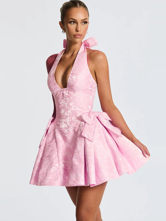 ホルターネックジャカードミニドレス（女性用） - 背中開きAラインスケータードレス（大きなリボン付き） - 夏の誕生日パーティー2026