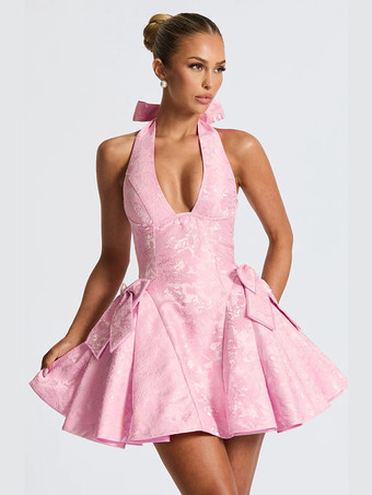 ホルターネックジャカードミニドレス（女性用） - 背中開きAラインスケータードレス（大きなリボン付き） - 夏の誕生日パーティー2026