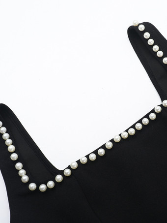 パールトリムミニドレス（レディース） - ブラックのエレガントなスクエアネックAラインスケータードレス - 2026年春のカクテルパーティー