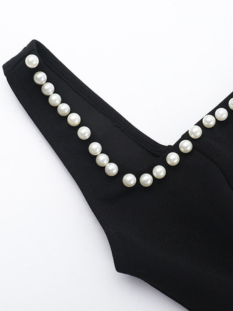 パールトリムミニドレス（レディース） - ブラックのエレガントなスクエアネックAラインスケータードレス - 2026年春のカクテルパーティー