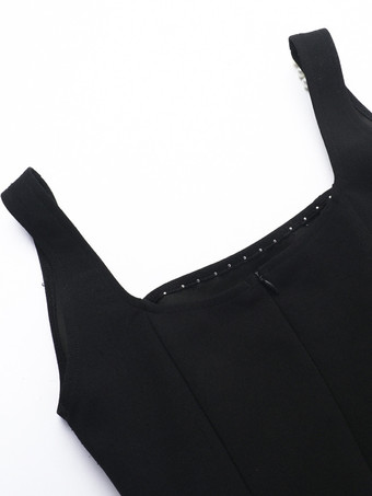 パールトリムミニドレス（レディース） - ブラックのエレガントなスクエアネックAラインスケータードレス - 2026年春のカクテルパーティー