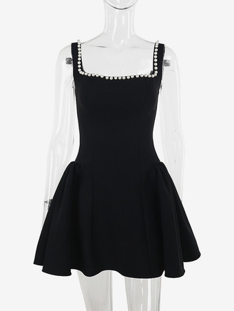 パールトリムミニドレス（レディース） - ブラックのエレガントなスクエアネックAラインスケータードレス - 2026年春のカクテルパーティー