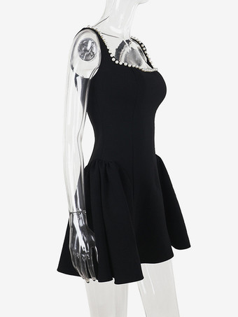 パールトリムミニドレス（レディース） - ブラックのエレガントなスクエアネックAラインスケータードレス - 2026年春のカクテルパーティー