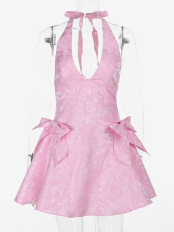 ホルターネックジャカードミニドレス（女性用） - 背中開きAラインスケータードレス（大きなリボン付き） - 夏の誕生日パーティー2026