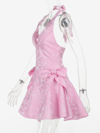 ホルターネックジャカードミニドレス（女性用） - 背中開きAラインスケータードレス（大きなリボン付き） - 夏の誕生日パーティー2026