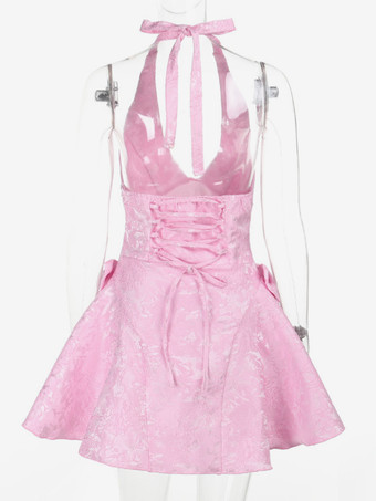 ホルターネックジャカードミニドレス（女性用） - 背中開きAラインスケータードレス（大きなリボン付き） - 夏の誕生日パーティー2026