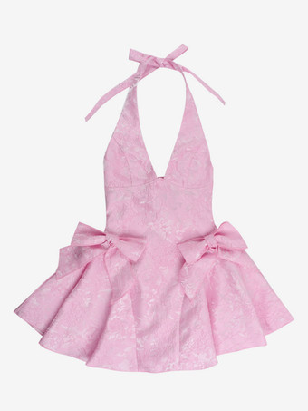 ホルターネックジャカードミニドレス（女性用） - 背中開きAラインスケータードレス（大きなリボン付き） - 夏の誕生日パーティー2026