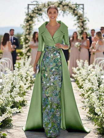 アボカドグリーン花嫁の母のためのパーティードレス Vネック 3/4丈袖 Aライン レース ウェディングゲストドレス