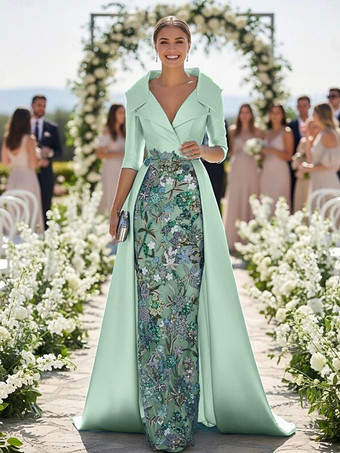 パステルグリーン花嫁の母のためのパーティードレス Vネック 3/4丈袖 Aライン レース ウェディングゲストドレス