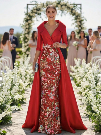 レッド 花嫁の母のためのパーティードレス Vネック 3/4丈袖 Aライン レース ウェディングゲストドレス