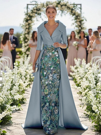 スレートグレー 花嫁の母のためのパーティードレス Vネック 3/4丈袖 Aライン レース ウェディングゲストドレス