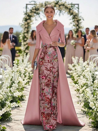 カメオピンク花嫁の母のためのパーティードレス Vネック 3/4丈袖 Aライン レース ウェディングゲストドレス