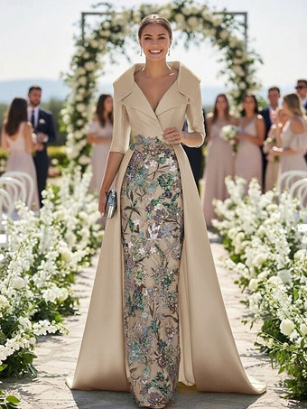 シャンパン花嫁の母のためのパーティードレス Vネック 3/4丈袖 Aライン レース ウェディングゲストドレス