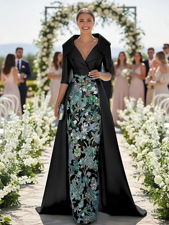 ブラック花嫁の母のためのパーティードレス Vネック 3/4丈袖 Aライン レース ウェディングゲストドレス