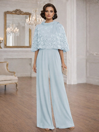 スカイブルー 花嫁の母のためのツーピースジャンプスーツ、ジュエルネック、ハーフスリーブ、リボン付き、結婚式ゲストドレス