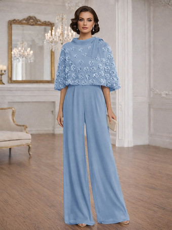 オーシャンブルー花嫁の母のためのツーピースジャンプスーツ、ジュエルネック、ハーフスリーブ、リボン付き、結婚式ゲストドレス