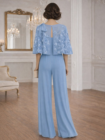 花嫁の母のためのツーピースジャンプスーツ、ジュエルネック、ハーフスリーブ、リボン付き、結婚式ゲストドレス