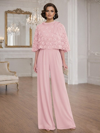 ピンク花嫁の母のためのツーピースジャンプスーツ、ジュエルネック、ハーフスリーブ、リボン付き、結婚式ゲストドレス
