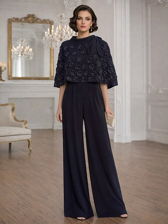 ブラック花嫁の母のためのツーピースジャンプスーツ、ジュエルネック、ハーフスリーブ、リボン付き、結婚式ゲストドレス