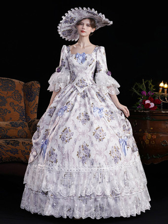 ライトスカイブルーヴィンテージ レディース ヴィクトリアン ロココ ドレス フレアスリーブ 花柄プリント ボールガウン ドレス