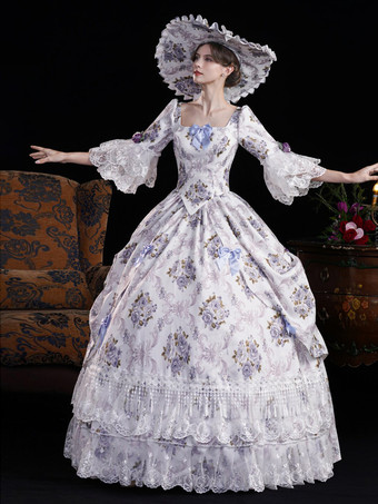 ヴィンテージ レディース ヴィクトリアン ロココ ドレス フレアスリーブ 花柄プリント ボールガウン ドレス
