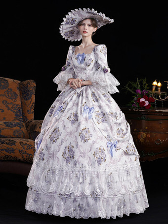 ヴィンテージ レディース ヴィクトリアン ロココ ドレス フレアスリーブ 花柄プリント ボールガウン ドレス