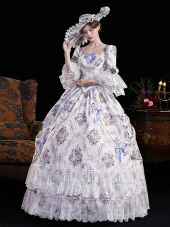 ヴィンテージ レディース ヴィクトリアン ロココ ドレス フレアスリーブ 花柄プリント ボールガウン ドレス