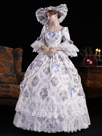 ヴィンテージ レディース ヴィクトリアン ロココ ドレス フレアスリーブ 花柄プリント ボールガウン ドレス