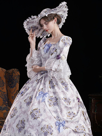 ヴィンテージ レディース ヴィクトリアン ロココ ドレス フレアスリーブ 花柄プリント ボールガウン ドレス