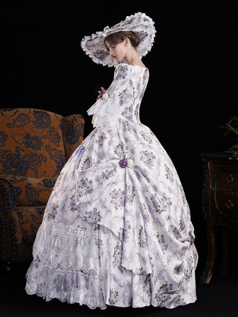 ヴィンテージ レディース ヴィクトリアン ロココ ドレス フレアスリーブ 花柄プリント ボールガウン ドレス