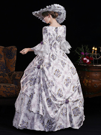 ヴィンテージ レディース ヴィクトリアン ロココ ドレス フレアスリーブ 花柄プリント ボールガウン ドレス