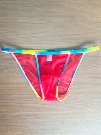 レッド メンズ Gストリング レインボー ウエストバンド シースルーメッシュ メッシュ ソング アンダーウェア