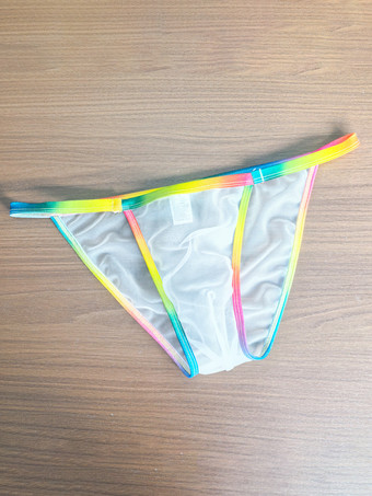 ホワイト メンズ Gストリング レインボー ウエストバンド シースルーメッシュ メッシュ ソング アンダーウェア