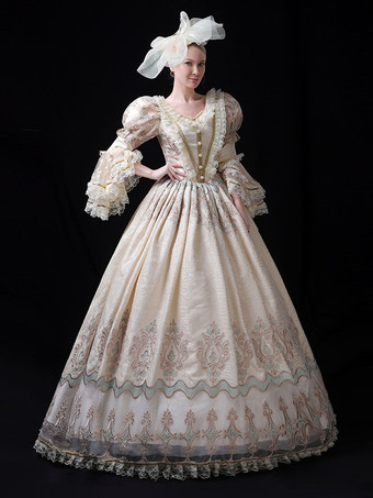 シャンパンカラーシャンパンカラーのヴィクトリアンロココ調ドレス、レーストリム、フレアスリーブ、花柄プリントのロングボールガウンドレス
