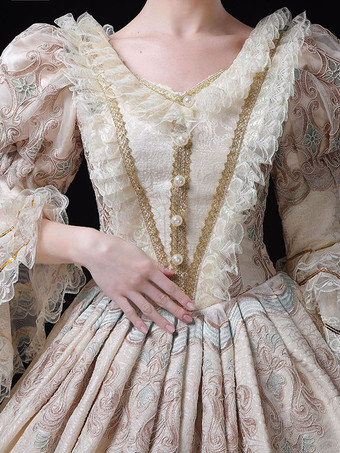 シャンパンカラーのヴィクトリアンロココ調ドレス、レーストリム、フレアスリーブ、花柄プリントのロングボールガウンドレス