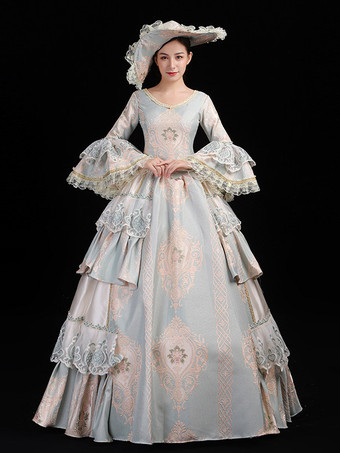 ライトスカイブルーレディース ヴィンテージ ロココ ドレス レーストリム フレアスリーブ フリル ロング ボールガウン ドレス