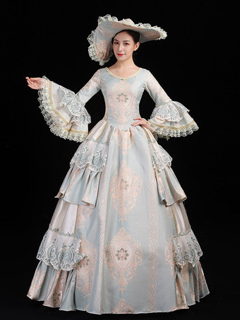 レディース ヴィンテージ ロココ ドレス レーストリム フレアスリーブ フリル ロング ボールガウン ドレス