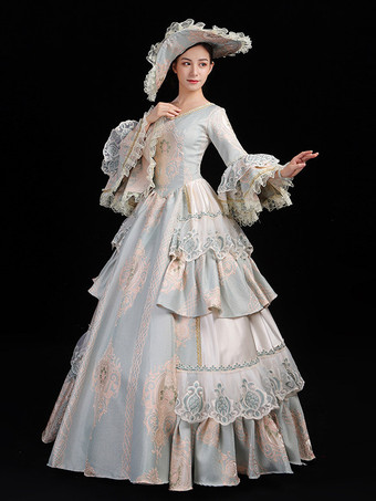 レディース ヴィンテージ ロココ ドレス レーストリム フレアスリーブ フリル ロング ボールガウン ドレス