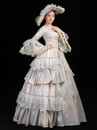 レディース ヴィンテージ ロココ ドレス レーストリム フレアスリーブ フリル ロング ボールガウン ドレス